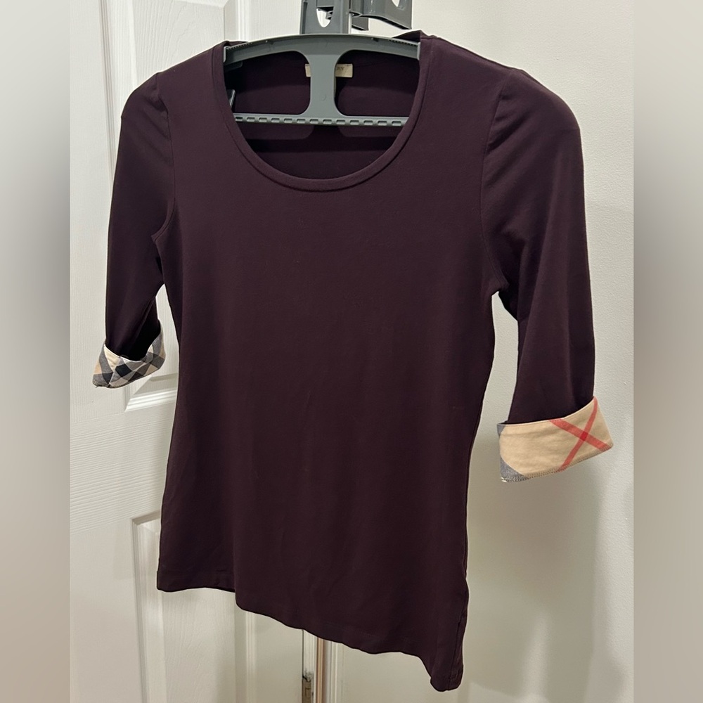 Burberry Classic Check Detail 3/4 Sleeves Stretch Cotton T-shirt, size S